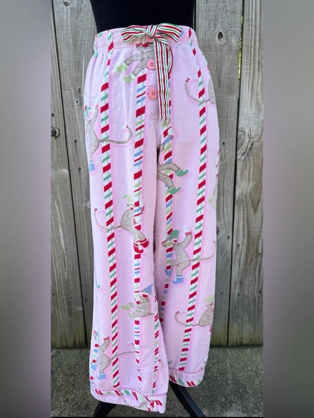Nick & Nora Holiday Sock Monkey & Candy Cane Pink Drawstring Pajama Pants L